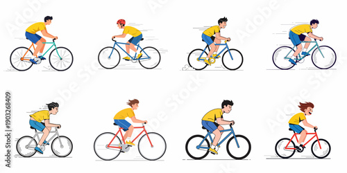 Eight cyclists riding bicycles quickly, showcasing various male characters and bike colors in a modern vector illustration set for sport and outdoor recreation.
