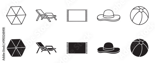 Black and white beach accessory icons featuring a sun umbrella, lounge chair, towel, hat, and ball, shown as a simple line art and solid glyph vector illustration collection