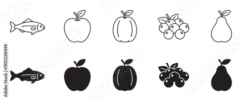 Collection of minimalist food icons featuring fish, apple, pear, and berries, presented in two distinct styles: clean black line art and solid glyph silhouettes