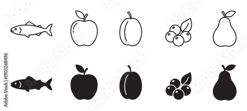 Collection of simple food icons featuring a fish, apple, plum, berry, and pear, presented in both a clean black outline style and a bold solid silhouette version