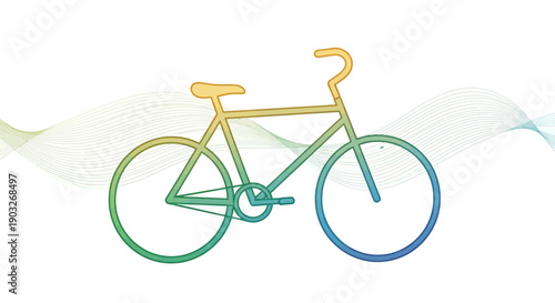 Vibrant gradient bicycle outline design with abstract flowing wave pattern on white background