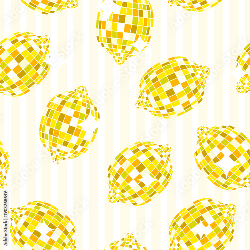 Disco lemon seamless pattern with shiny mosaic citrus shapes on soft cream striped background in playful retro flat design