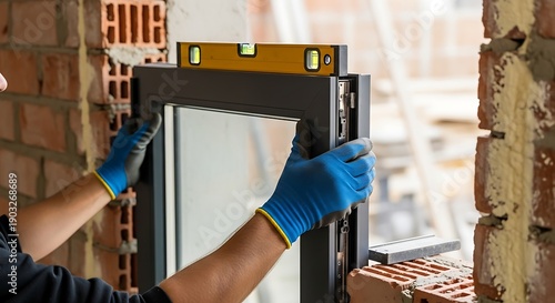 Worker installing window frame with spirit level in construction site