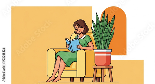 Woman reading a book while sitting in a comfortable armchair indoors.