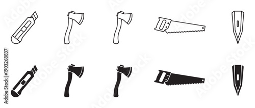 Set of black tool icons showing a utility knife, axe, handsaw, and chisel in both outline and solid silhouette styles for graphic design