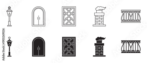 Set of architectural exterior icons including a lamppost, arched door, window, chimney, and balcony railing, presented in both thin line and solid black silhouette styles