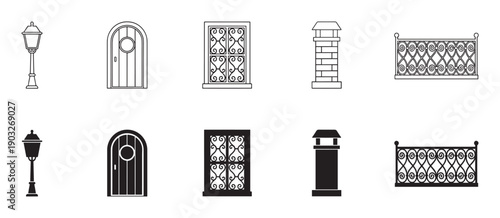 Set of black architectural element icons featuring a lamppost, door, window, chimney, and balcony in both outline and solid silhouette styles for classic building design