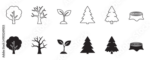 Collection of black tree icons showing different life cycle stages, including a sprout, evergreen, leafless tree, and stump, presented in both outline and solid silhouette styles