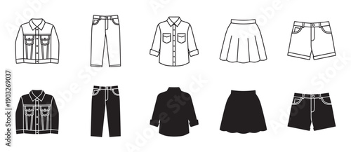 Set of black clothing icons in line art and silhouette styles showing a jacket, jeans, shirt, skirt, and shorts for a minimalist fashion or apparel concept