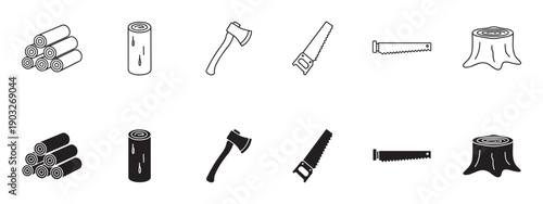 Set of black lumberjack tool icons showing logs, an axe, a saw, and a tree stump in both outline and solid silhouette styles for graphic design