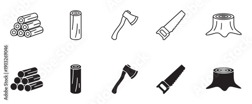 Lumberjack and woodworking icon set with logs, axe, saw, and stump in both line art and solid glyph styles for forestry and carpentry concepts