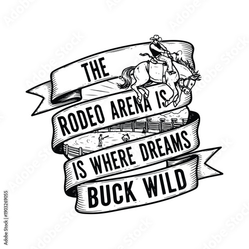  vintage rodeo illustration with cowboy riding bucking horse isolated on white background