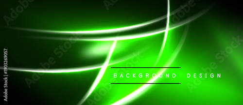 Bright green abstract lines over black background. Modern design with glowing effect, dynamic curves, simple text elements.