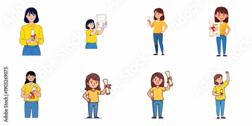 Vector set of successful young women students holding diplomas and certificates, celebrating educational achievement and graduation in various poses.