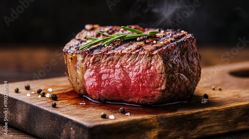 sirloin. Close-up of a juicy beef steak on a rustic wooden cutting board, showcasing rich textures and grill marks. menu design.