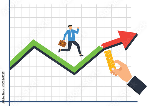 Businessman running financial growth business recovery overcoming challenge career success graph chart market trend helping hand crisis management upward arrow progress concept support system