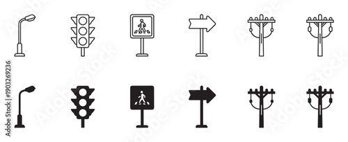 Black and white street object icon set featuring a lamppost, traffic light, pedestrian sign, arrow, and utility pole presented in both thin line art and solid silhouette styles