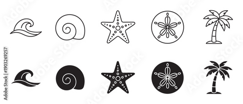 Set of black and white beach icons in line art and solid silhouette styles, featuring a simple wave, seashell, starfish, sand dollar, and a tropical palm tree for summer designs