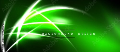 Bright green abstract lines over black background. Modern design with glowing effects, dynamic composition. Simple text overlay present.