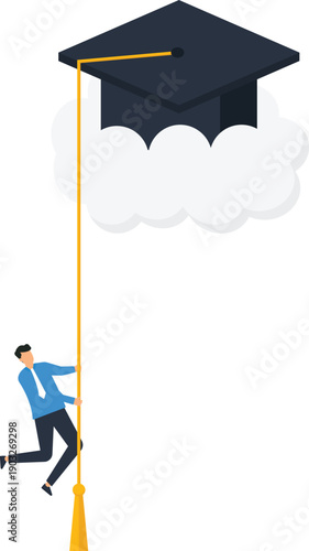 Man climbing graduation cap tassel reaching educational success and career advancement showing striving ambition and future opportunity for professional development and academic goal achievement