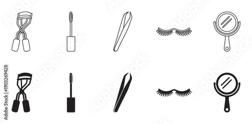 Black and white beauty tool icon set featuring an eyelash curler, mascara, tweezers, false lashes, and a hand mirror, presented in both outline and solid silhouette styles
