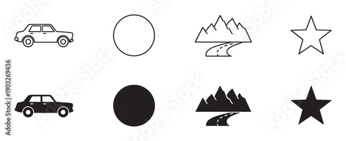 Set of black and white minimalist icons featuring a car, circle, mountain, and star in both outline and solid filled styles for graphic design or web interface