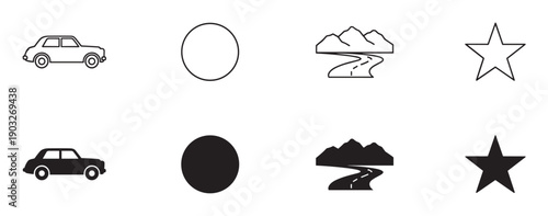 Collection of minimalist vector icons including a car, circle, road, and star, with each symbol shown in a simple outline version and a filled black silhouette