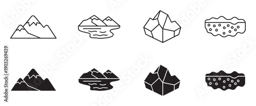 Set of black nature icons featuring mountains, a faceted rock, porous soil, and a lake, presented in both thin line art and solid filled glyph styles for graphic design