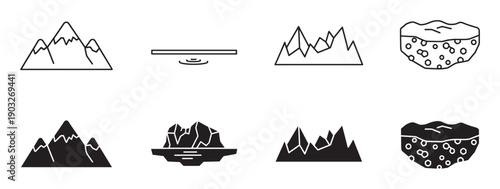 Set of black nature icons featuring mountains, icebergs, and rocks in both minimalist line art and solid glyph styles for graphic design elements