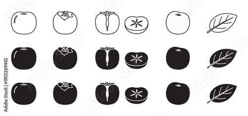Set of persimmon fruit icons showing whole, sliced, and halved fruit with a leaf in various styles including line art, glyph, and silhouette for graphic design
