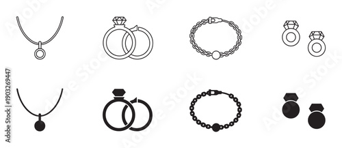 Set of black jewelry icons featuring a necklace, rings, bracelet, and earrings presented in two distinct styles, a clean minimalist outline and a bold solid silhouette