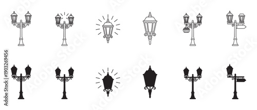Collection of vintage street lamp icons featuring various classic designs in both black outline and solid silhouette styles for graphic design and web elements