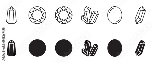 Set of black crystal and gemstone icons featuring various shapes in both line art and solid silhouette styles for spiritual, esoteric, or jewelry design concepts