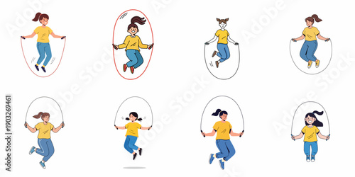 Collection of eight flat illustrations showing diverse girls actively jumping rope, engaging in fun cardio exercise and fitness training.