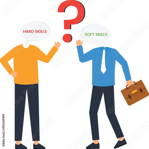 Business skills comparison showing hard skills soft skills debate question mark, illustrating career development choices, recruitment process, and human resources decisions, two people flat design.
