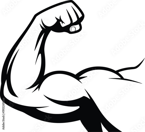 Stylized black and white illustration of a flexed muscular arm with a clenched fist showing bicep definition