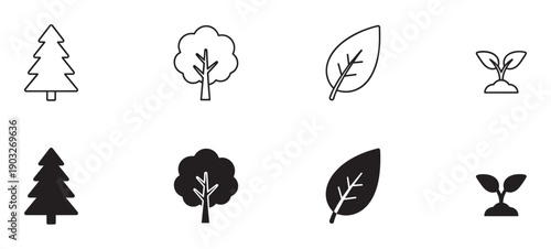 Set of black tree and plant icons showing a pine, deciduous tree, leaf, and sprout in both thin line art and solid silhouette styles for graphic design elements