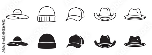 Collection of various hat icons set featuring line art and solid glyph styles for different headwear like sun hats, beanies, baseball caps, cowboy hats, and fedoras