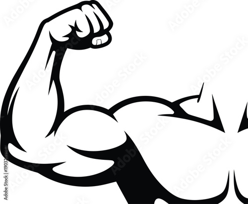 Stylized black and white illustration of a flexed muscular arm showing biceps and forearm definition isolated on transparent background