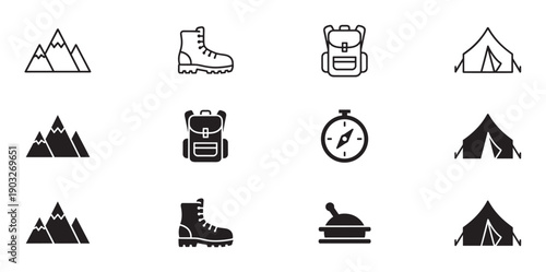 Collection of black hiking and camping icons in minimalist line and glyph styles, including a mountain, boot, backpack, tent, and compass for outdoor adventure and travel themes