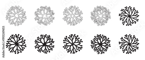 Set of black and white minimalist icons with organic branching shapes shown as both simple outlines and solid silhouettes in a clean graphic design illustration style