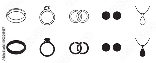 Collection of minimalist jewelry vector icons featuring a wedding band, diamond engagement ring, earrings, and a pendant necklace presented in both outline and solid glyph styles