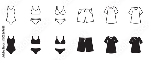 Collection of black summer clothing icons showing swimwear, shorts, and shirts in both minimalist line art and solid silhouette styles for a graphic design element set