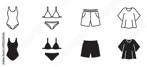 Minimalist summer clothing and swimwear icons in a simple black graphic style, featuring a swimsuit, bikini, shorts, and t-shirt in both outline and silhouette versions