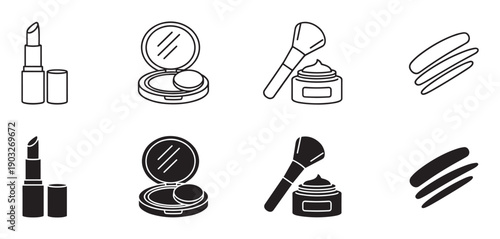 Cosmetic and makeup icon set in two styles, line art and solid glyph, showing lipstick, powder compact, cream, brush, and swatches for beauty and skincare concepts
