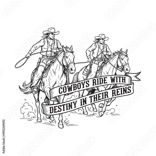  cowboys riding horses with destiny banner isolated on white background