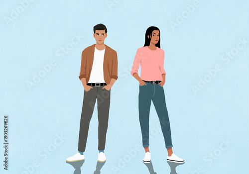 Young man and young woman standing awkwardly next to each other