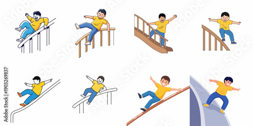 Happy boy illustrations showing risky childhood behavior sliding down handrails and banisters, symbolizing fun, danger, and playground activities.
