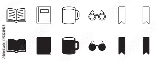 Black line and silhouette reading icon set with an open book, closed book, coffee mug, eyeglasses, and bookmark symbols for education or library themes