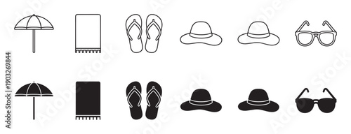 Set of black beach accessory icons featuring an umbrella, towel, flip-flops, sun hat, and sunglasses, presented in both minimalist outline and solid silhouette styles